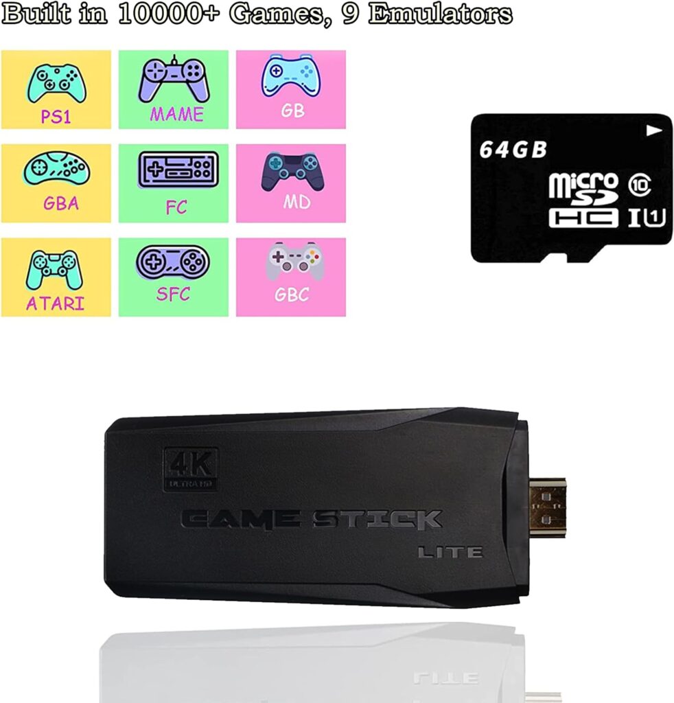 Retro Game Console, Retro Game Stick, Plug Play Video TV Game Stick with 10000+ Games, 9 Emulators, 4K HDMI Output, Dual Controllers(64G)