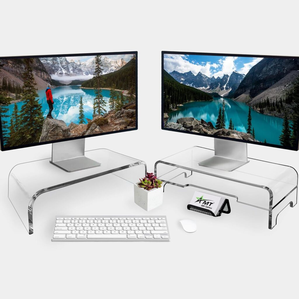 Acrylic Laptop Monitor Stand Computer Riser with Cat Keyboard Protector, Space-Saving Design, Extra Storage, Clear Shelf - Ideal for Monitors, Laptops, Printers, Desktop Decor
