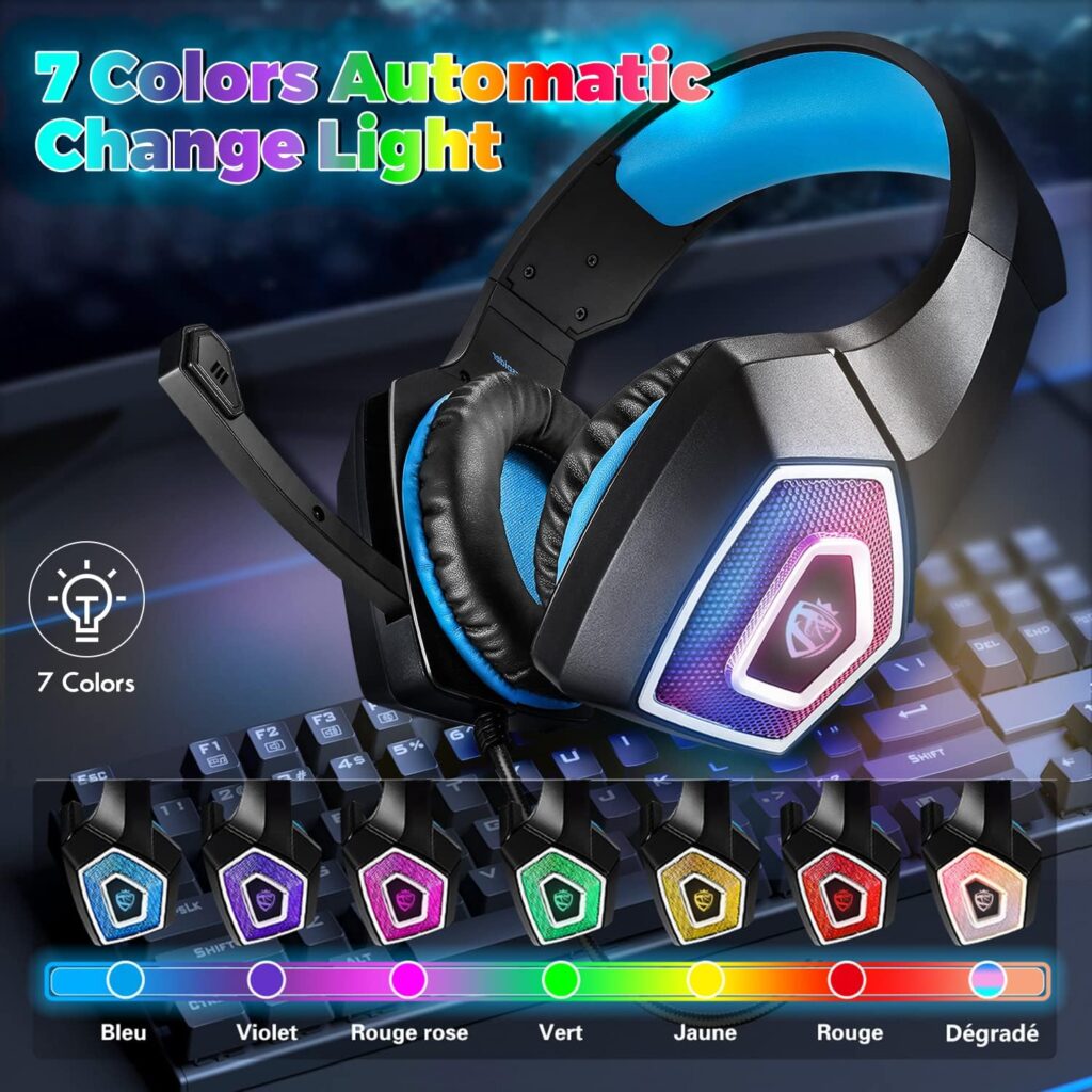ARKARTECH Gaming Headset with Mic for Xbox One PS4 PS5 PC Switch Tablet, with Stereo Surround Sound LED Light Noise Cancelling Over Ear Headphones