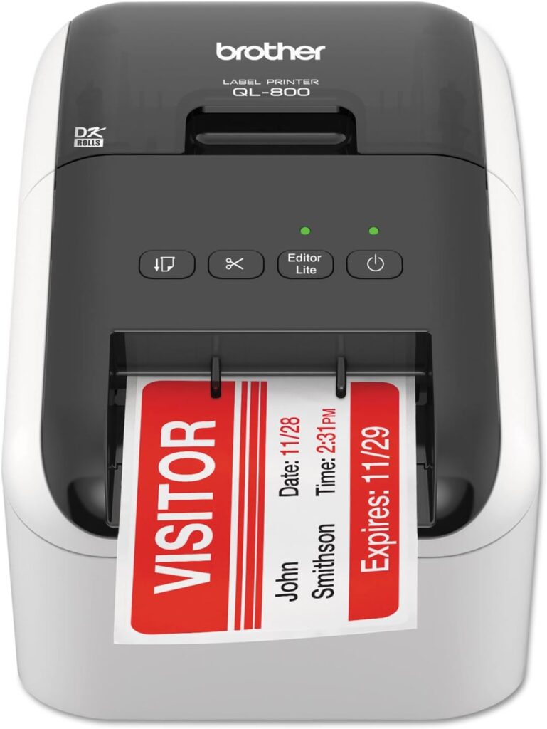 Brother QL-800 High-Speed Professional Label Printer, Lightning Quick Printing, Plug Label Feature, Genuine DK Pre-Sized Labels, Multi-System Compatible – Black Red Printing Available