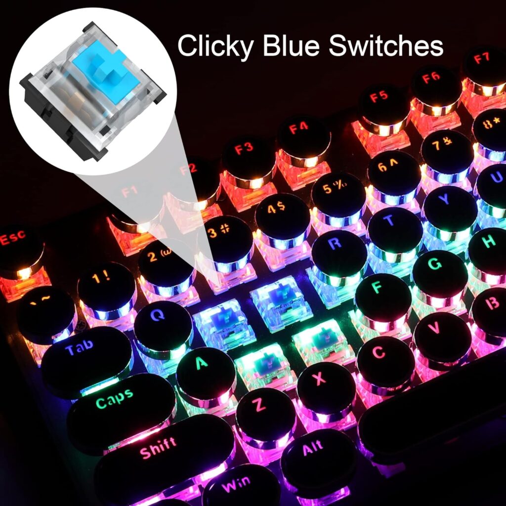 Camiysn Typewriter Style Mechanical Gaming Keyboard, Black Retro Punk Gaming Keyboard with RGB Backlit, 104 Keys Blue Switch Wired Cute Keyboard, Round Keycaps for Windows/Mac/PC