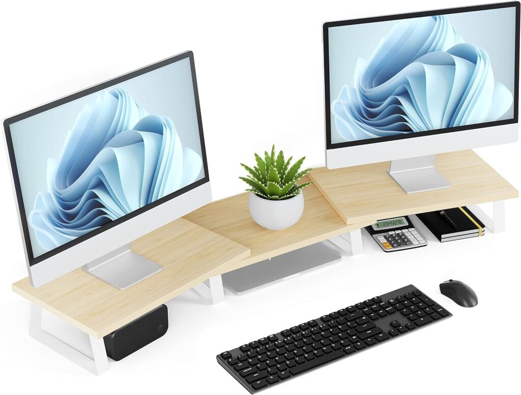 Desk Dual Monitor Stand Riser - Computer Stand for Desktop Monitor, Desk Shelf for Monitor, Wood Monitor Stand with Adjustable Length and Angle, Desktop Organizer, Large Monitor Stand for Laptop(Oak)
