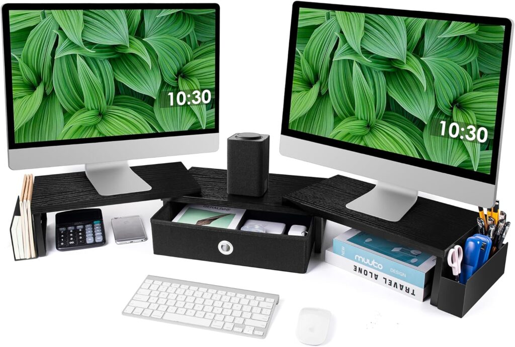 Dual Monitor Stand Riser w/ Drawer Metal Leg, Large Computer Monitor Riser w/ Storage For 2 Monitors, Desk Shelf For Monitor w/ Adjustable Length Angle, Desktop Organizer For Laptop/TV/Printer