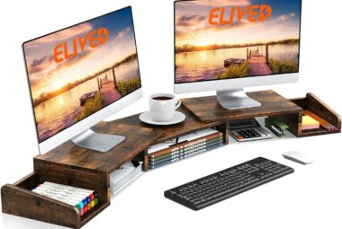 elived dual monitor stand riser with two swivel drawers adjustable length and angle for desk desktop organizer computer