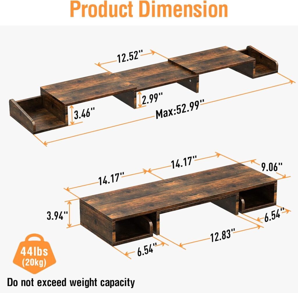 ELIVED Dual Monitor Stand Riser with Two Swivel Drawers, Adjustable Length and Angle, for Desk, Desktop Organizer Computer, Laptop, Printer(Rust Brown)
