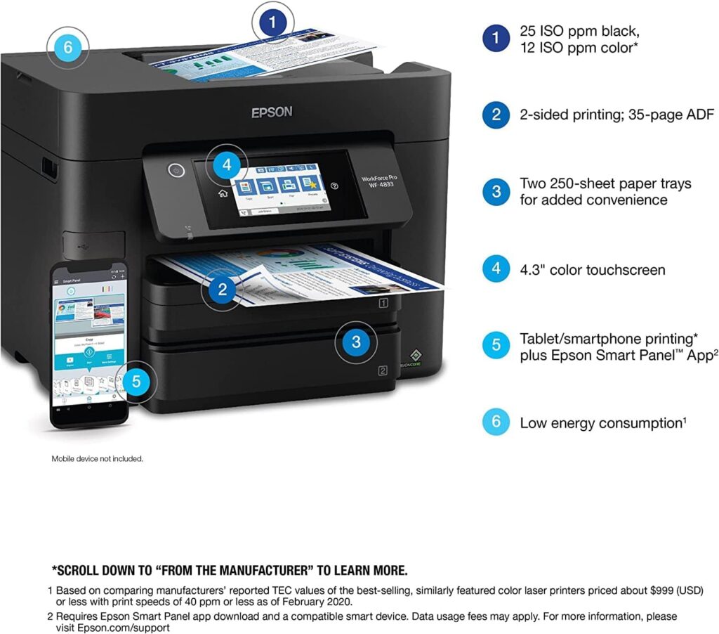 Epson Workforce Pro WF-4833 Wireless All-in-One Color Inkjet Printer, Black - Print Scan Copy Fax - 4.3 LCD, 25 ppm, 4800 x 2400 dpi, Auto 2-Sided Printing, 50-sheet ADF, 500-Sheet Capacity, Ethernet