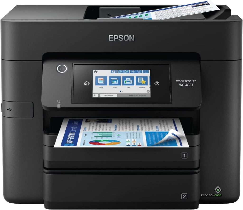 Epson Workforce Pro WF-4833 Wireless All-in-One Color Inkjet Printer, Black - Print Scan Copy Fax - 4.3 LCD, 25 ppm, 4800 x 2400 dpi, Auto 2-Sided Printing, 50-sheet ADF, 500-Sheet Capacity, Ethernet