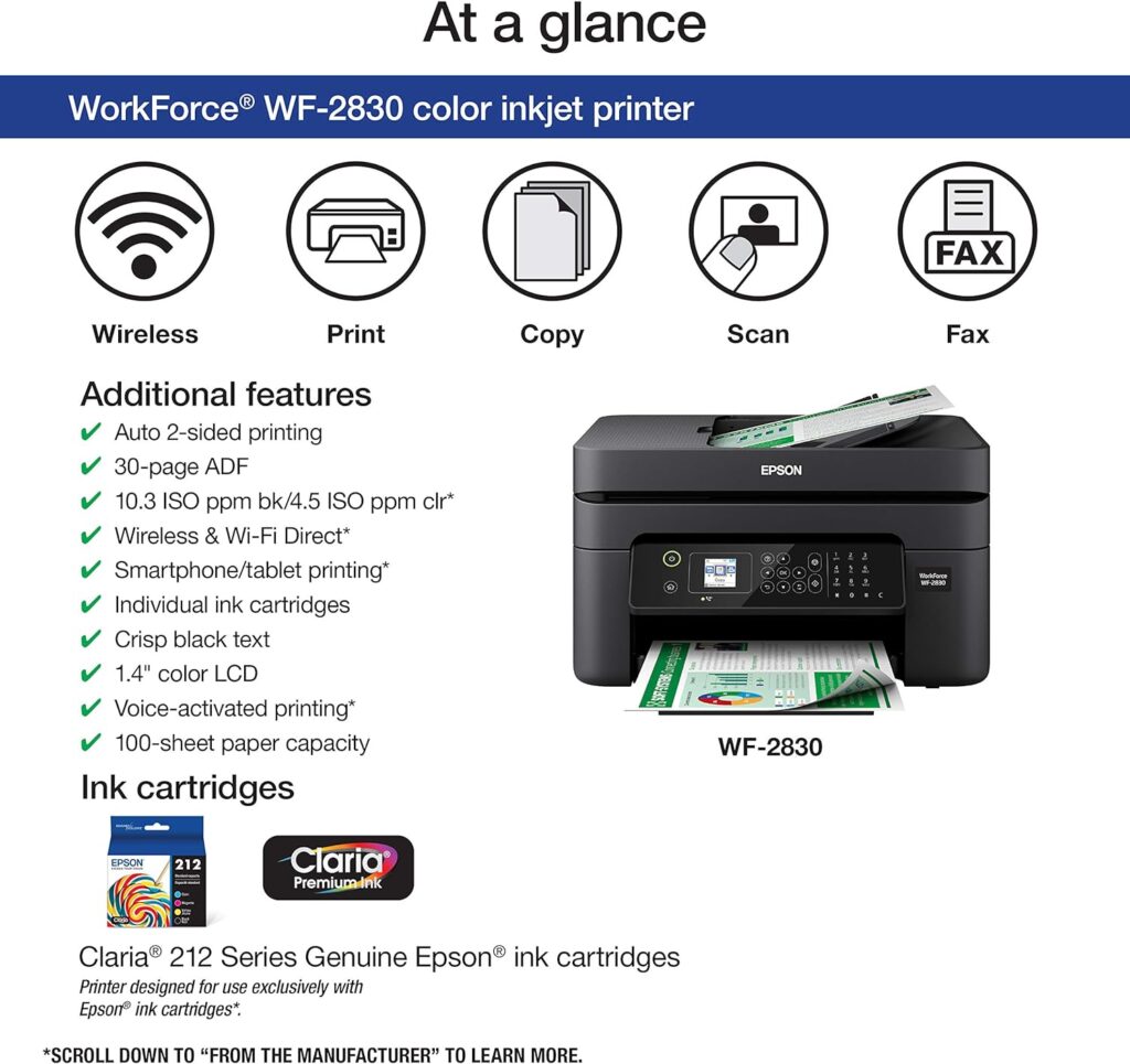 Epson Workforce WF-2930 Wireless All-in-One Printer with Scan, Copy, Fax, Auto Document Feeder, Automatic 2-Sided Printing and 1.4 Color Display