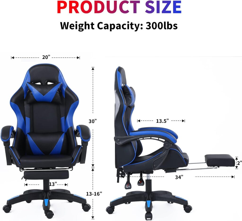 Gaming Chair - Gaming Chair with Footrest, Ergonomic Gaming Chair with Adjustable Seat Height and Backrest - Adult Gaming Chair with Comfortable Headrest and Lumbar Support,300LBS-Blue
