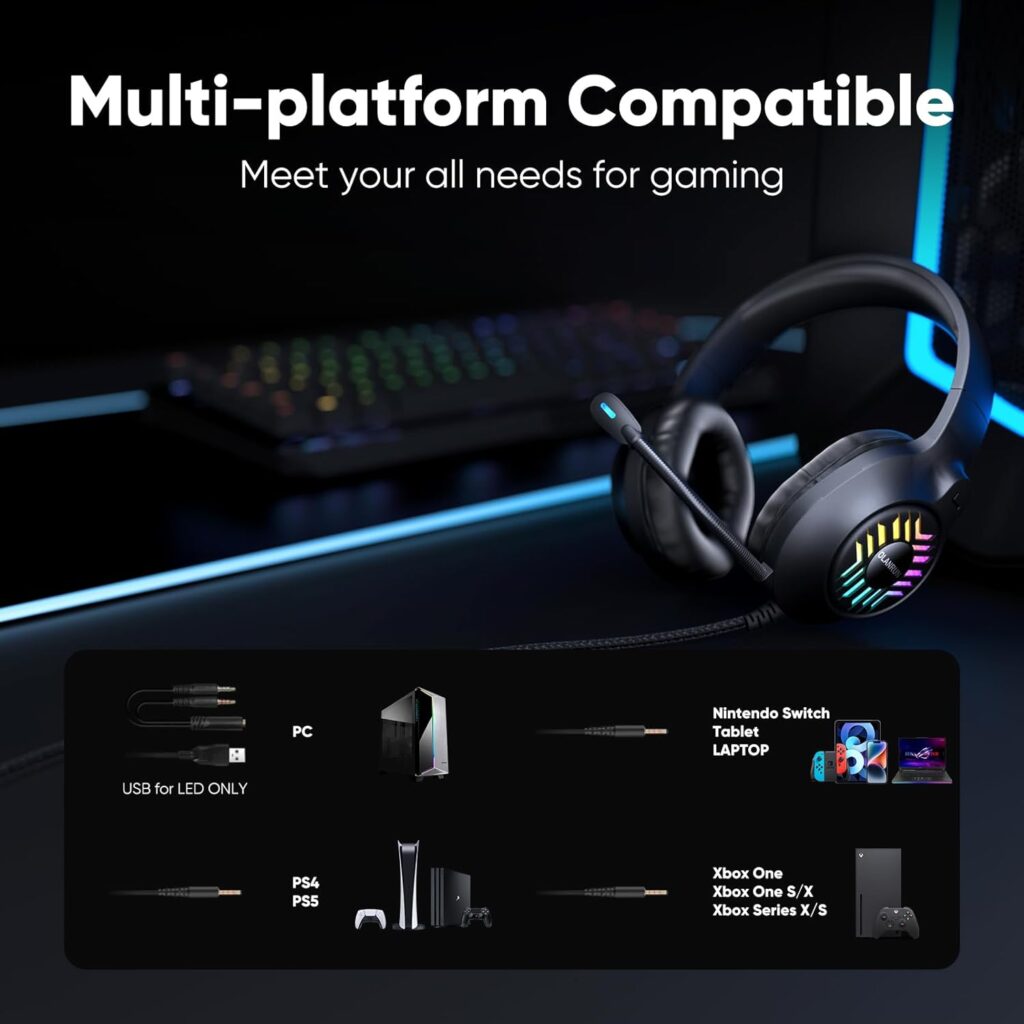 Gaming Headset, Stereo PS5 Headset PS4 Headset Xbox One Headset PC Headset, 9 Colors RBG Gaming Headphones with Mute Microphone for PC, PS4, PS5, Xbox, Switch (Black)