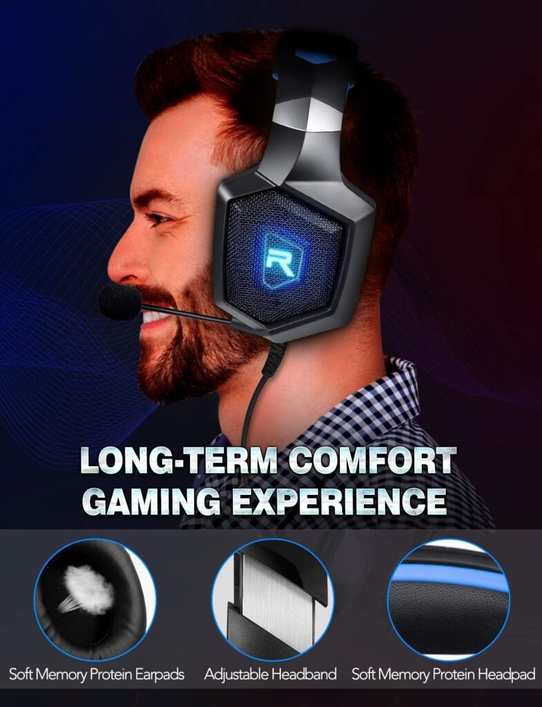 GIZORI Surround Sound Gaming Headset with Microphone, Gaming Headphones for PS4 PS5 Xbox One PC with LED Lights, Playstation Headset with Noise Reduction 7.1 Over-Ear and Wired 3.5mm Jack (Blue)