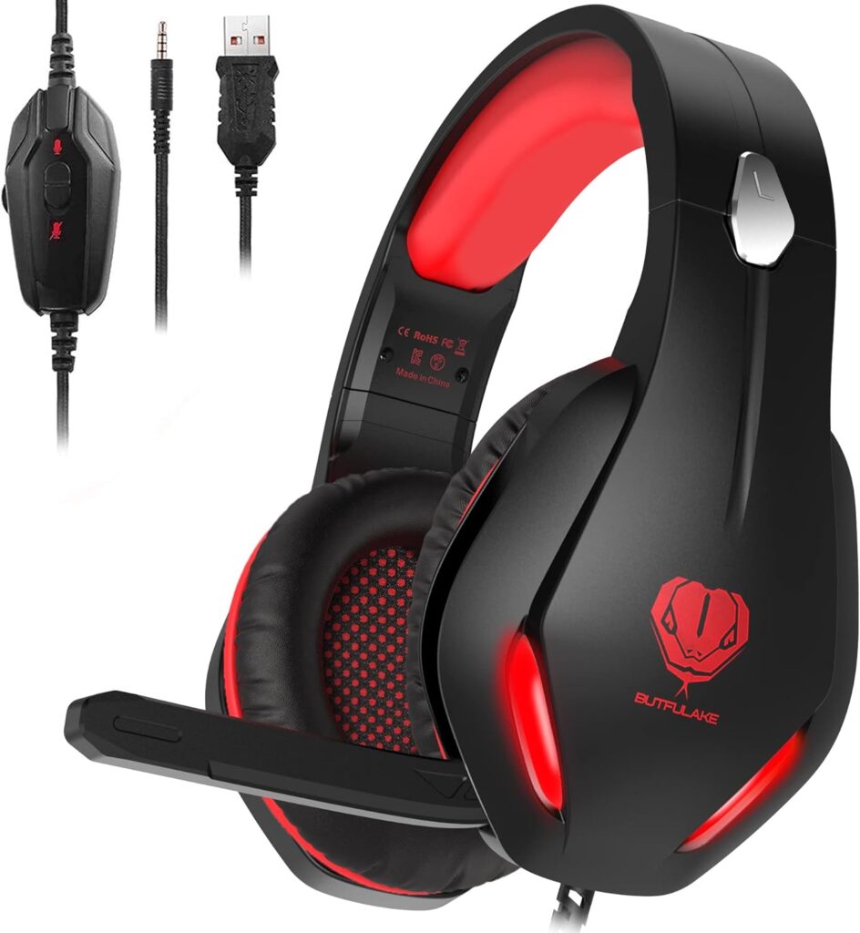 Headsets for Xbox One, PS4, PC, Nintendo Switch, Mac, Gaming Headset with Stereo Surround Sound, Over Ear Gaming Headphones with Noise Canceling Mic, LED Light (Headsets for Xbox/red)