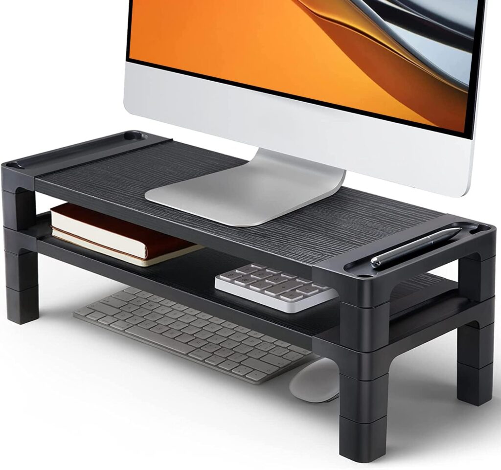 HUANUO Monitor Stand Computer Riser, Monitor Stand for Desk with Adjustable Height and 2 Platforms, Ergonomic Computer Riser, Monitor Riser for Laptops and Monitors, HNMS04, Black