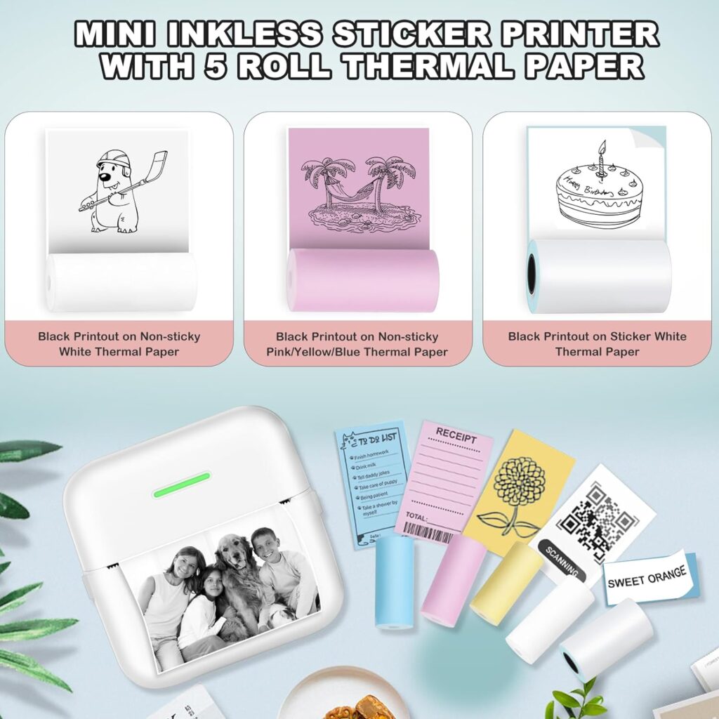 Inkless Sticker Printer, Mini Pocket Printer with 5 Rolls Printing Paper for Android or iOS APP, Portable Bluetooth Inkless Printer Gift for Kids, Thermal Printer for Photo Journal Notes Memo