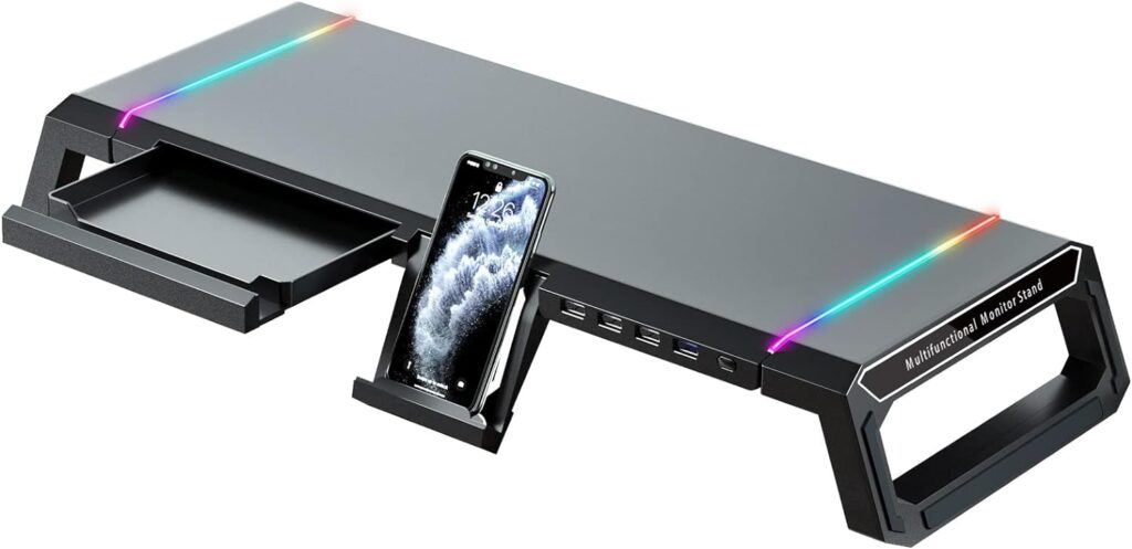 KYOLLY RGB Gaming Computer Monitor Stand Riser - 4 USB 3.0 Hub, 3 Length Adjustable Monitor Stand with Drawer,Storage and Phone Holder