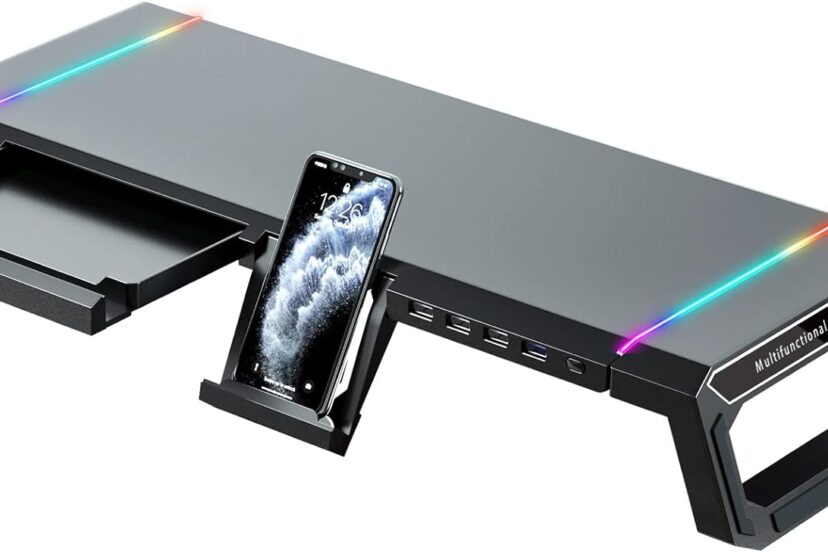 kyolly rgb gaming computer monitor stand riser 4 usb 30 hub 3 length adjustable monitor stand with drawerstorage and pho 1