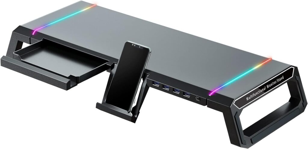 KYOLLY RGB Gaming Computer Monitor Stand Riser - 4 USB 3.0 Hub, 3 Length Adjustable Monitor Stand with Drawer,Storage and Phone Holder