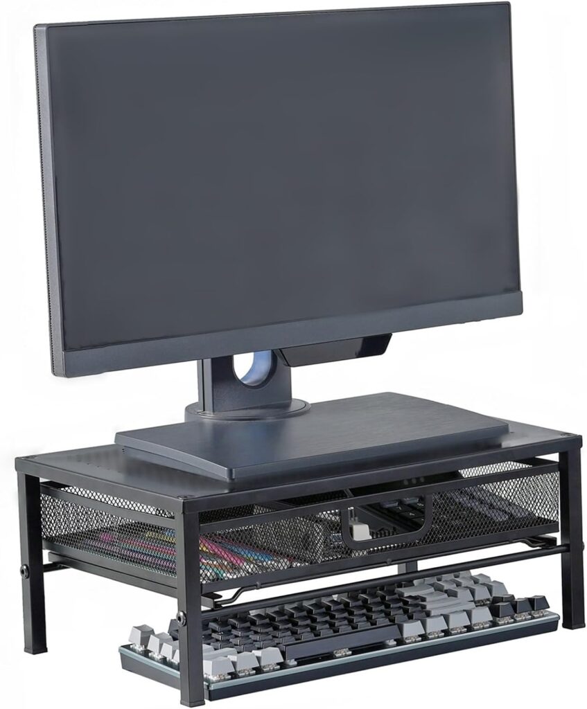 Metal Computer Monitor Stand for Desk,Monitor Riser with Drawer Storage,Desk Organizer for Monitor,Laptop,Printer,Black