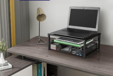 metal monitor stand riser and computer desk organizer with drawer for laptop computer imac black 1