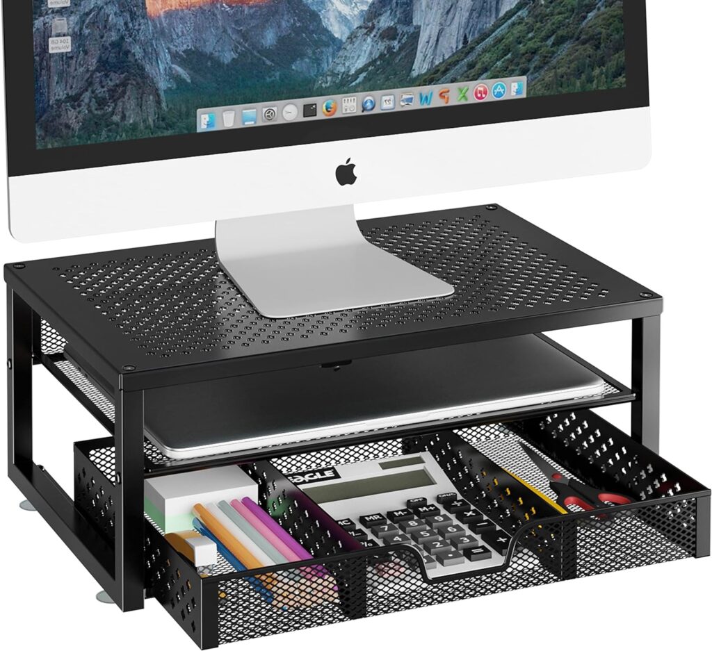 Metal Monitor Stand Riser and Computer Desk Organizer with Drawer for Laptop, Computer, iMac, Black