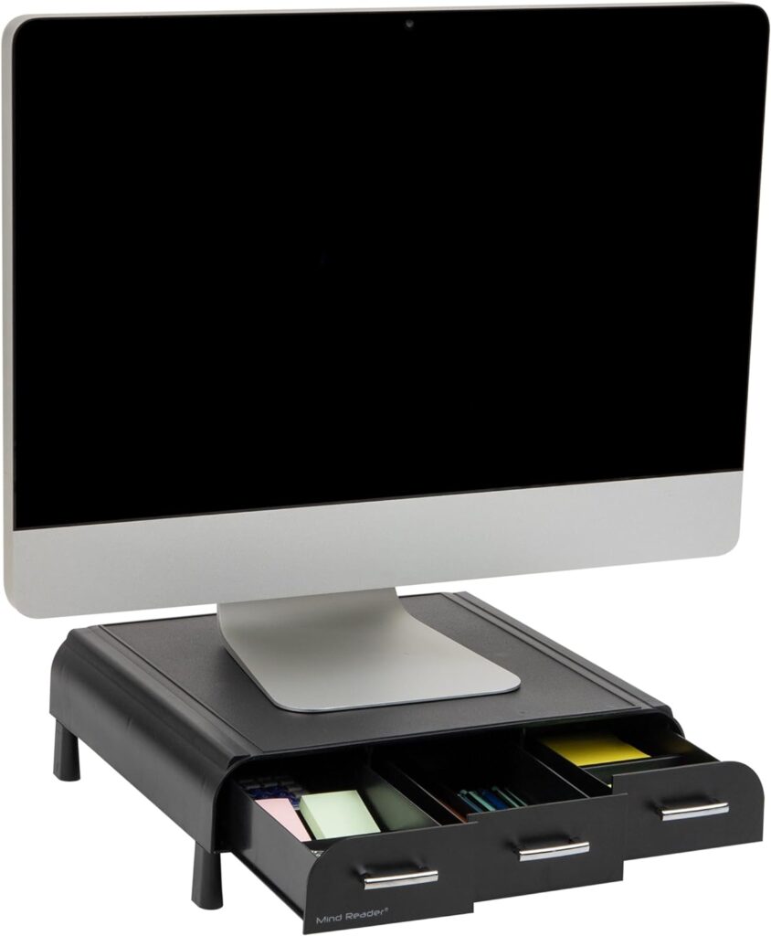 Mind Reader Monitor Stand, Laptop Riser, Desktop Organizer, Storage Drawer, Office, Plastic, 13.5L x 13W x 4H, Black