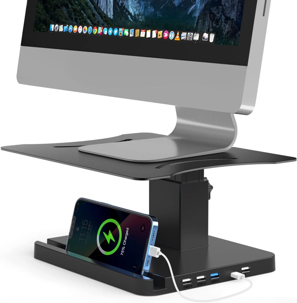 Monitor Stand, Height Adjustable Computer Monitor Riser for Desk, Ergonomic Desktop Monitor Stand for Laptop, Computer, iMac (Metal -with USB HUB Charger)