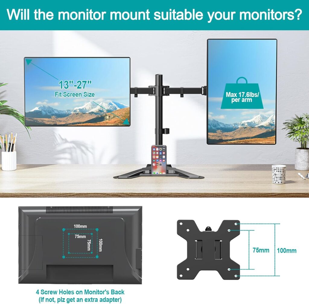 MOUNT PRO Dual Monitor Stand - Free Standing Full Motion Monitor Desk Mount Fits 2 Screens up to 27 inches,17.6lbs with Height Adjustable, Swivel, Tilt, Rotation, VESA 75x75 100x100,White