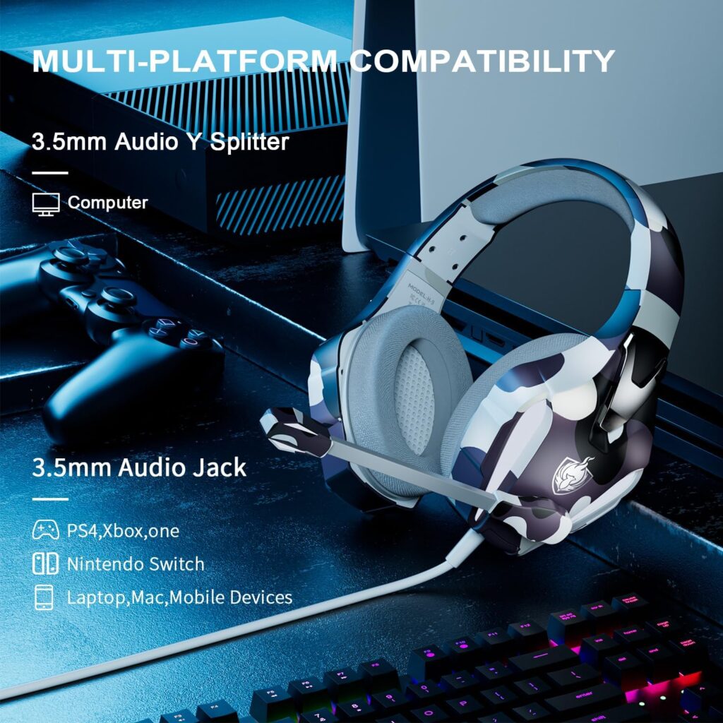 PHOINIKAS PS4 Gaming Headset for PC, PS5, Switch, H9 Xbox One Headset with Noise Cancelling Mic, Over Ear Stereo Headphones with Bass Surround (Camo)