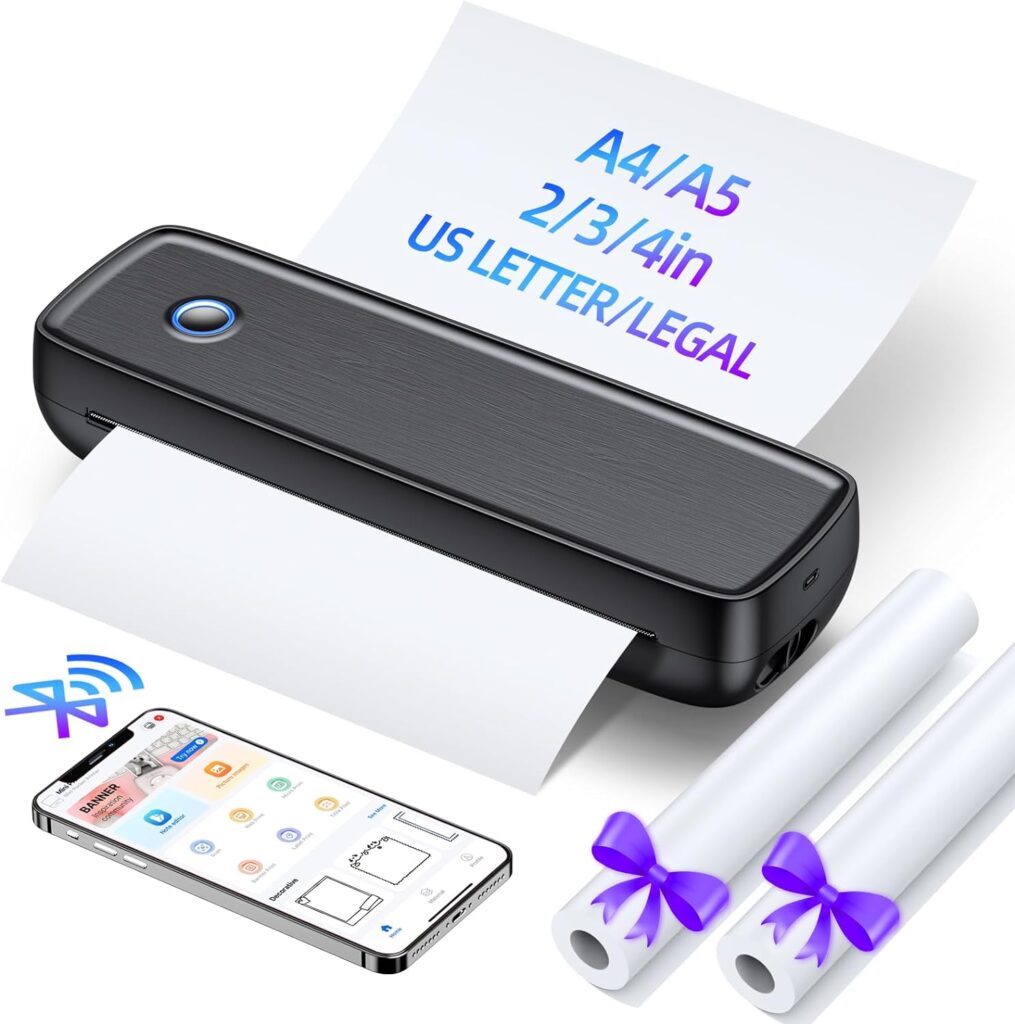 Portable-Wireless-Printer, Thermal-Bluetooth-Printer for Travel, Impact POS Printer Support 8.5 X 11 US LetterLegal, A4A5 Thermal Paper, Compatible with Android and iOS PhoneLaptop