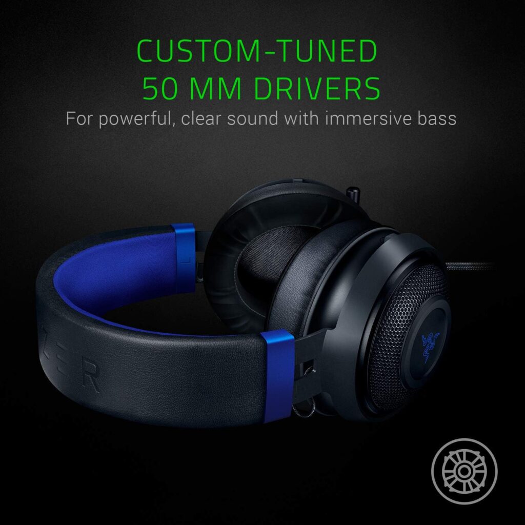 Razer Kraken Gaming Headset: Lightweight Aluminum Frame - Retractable Noise Isolating Microphone - for PC, PS4, PS5, Switch, Xbox One, Xbox Series X S, Mobile - 3.5 mm Headphone Jack - Black/Blue