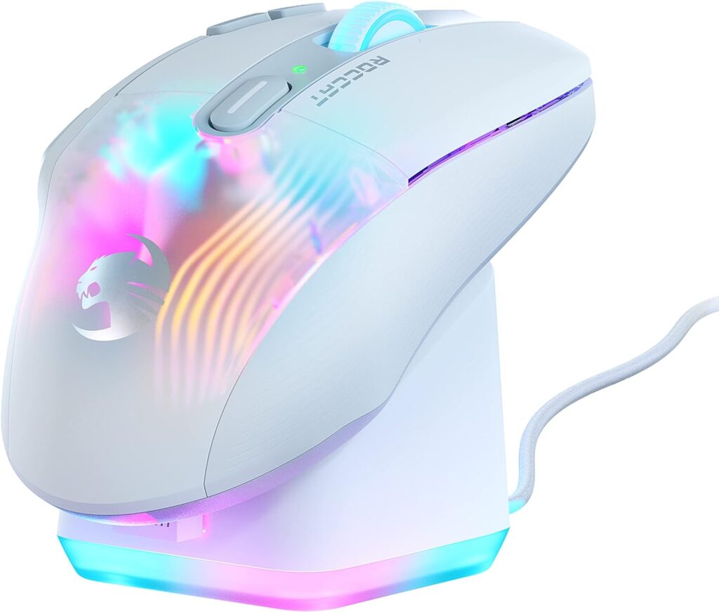 ROCCAT Kone XP Air – Wireless Customizable Ergonomic RGB Gaming Mouse, 19K DPI Optical Sensor, 100-hour Battery Charging Dock, 29 Programmable Inputs AIMO RGB Lighting, 4D Wheel – White