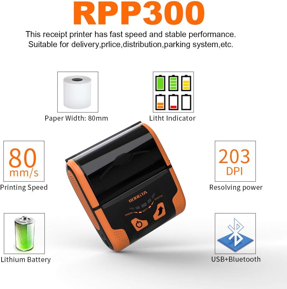 Rongta 80mm Mobile POS Direct Thermal Printer with Bluetooth+USB, Compatible with Android Phone, Do Not Square/Ipad/Computer/Android Tablet, Portable Receipt Printer (RPP300)