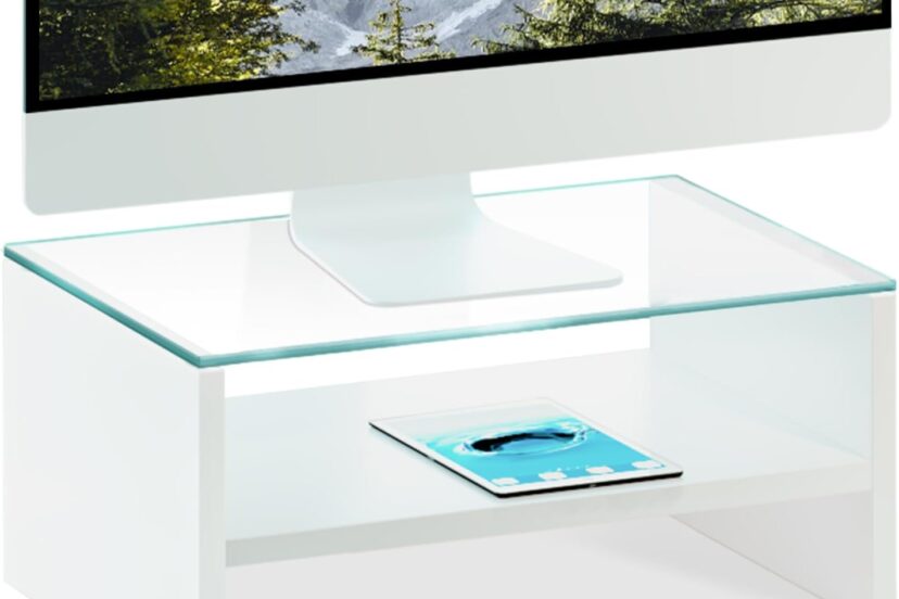 teamix 2 tier glass monitor stand riser white monitor stand for desk clear stand for computerlaptopprinter wood desktop