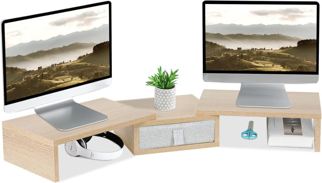 TEAMIX White Dual Monitor Stand Riser with Drawer - Length and Angle Adjustable Double Corner Desk Shelf Organizer 37 inch Long for 2 Laptop/PC/Screen/TV