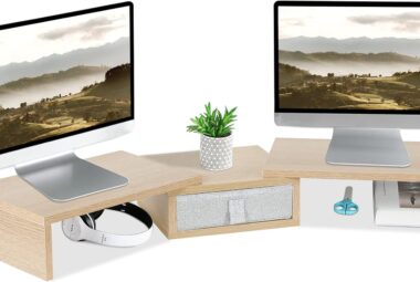 teamix white dual monitor stand riser with drawer length and angle adjustable double corner desk shelf organizer 37 inch 1