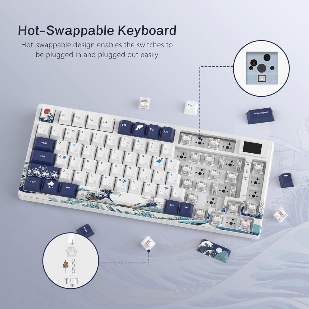 XVX/Womier S-K80 75% Keyboard with Color Multimedia Display Mechanical Gaming Keyboard, Hot Swappable Keyboard, Gasket Mount RGB Custom Keyboard, Pre-lubed Stabilizer for Mac/Win, Black Kanagawa Theme
