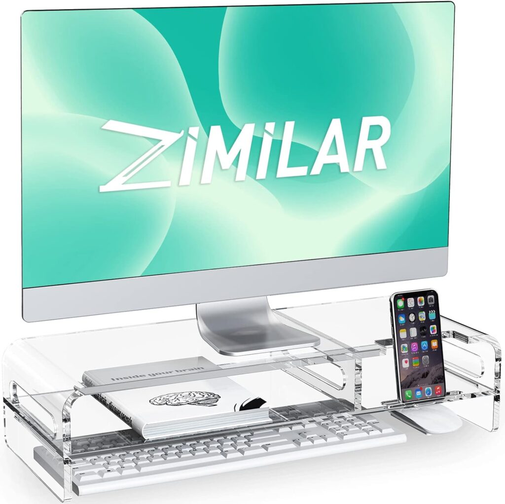 Zimilar 20-inch Large Acrylic Monitor Stand Riser, 2-tier Clear Monitor Riser, Acrylic Laptop Stand for Desk with Keyboard Storage and Built-in Phone Holder