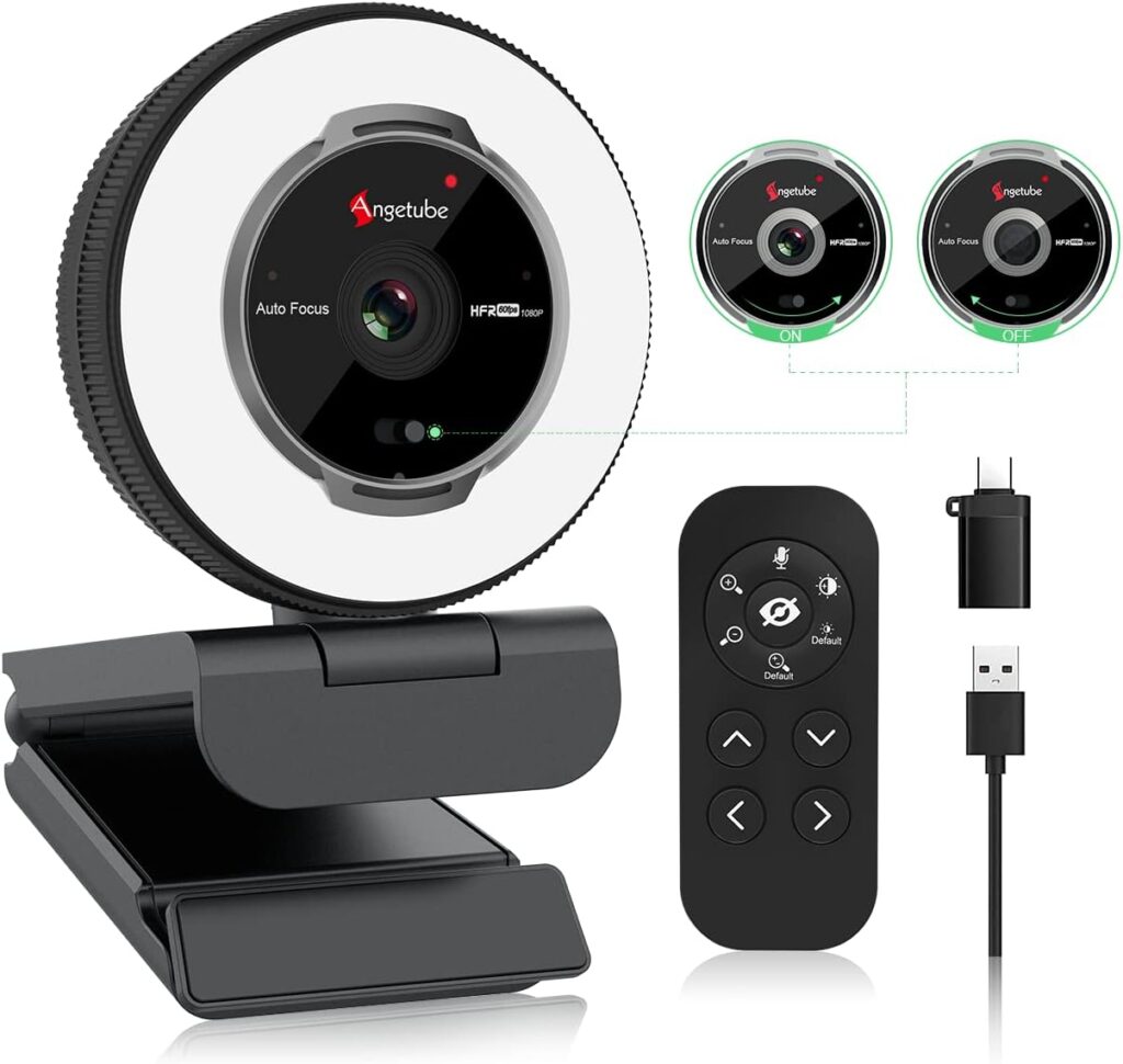 Angetube Streaming Webcam with Microphone: 1080P 60FPS USB Web Cam with Ring Light and Remote Control - HD Web Camera with 5X Digital Zoom Built in Privacy Cover,for PC|Computer|Laptop|Mac|Desktop