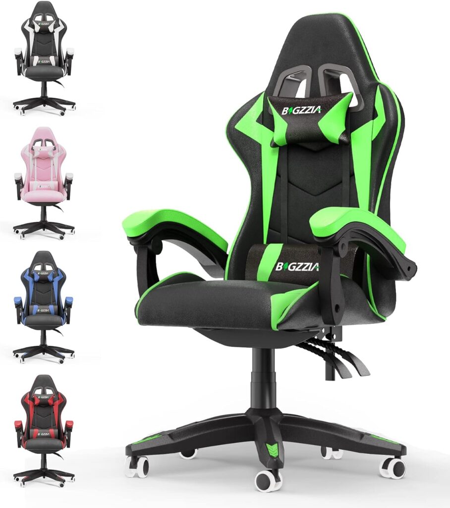 Bigzzia Gaming Racing Chair with Headrest and Lumbar Support, Adjustable Swivel Rolling for Office, Reclining High Back PU Leather Video Game Computer Desk Chair Ergonomic , Green