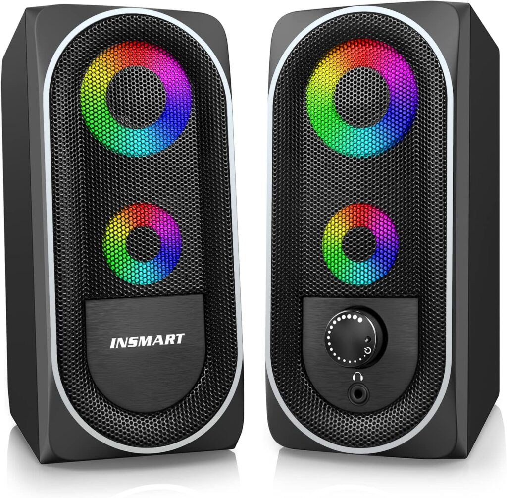 Computer Speakers, Volleyball Net Stereo Volume Control with RGB Light USB Powered Gaming Speakers