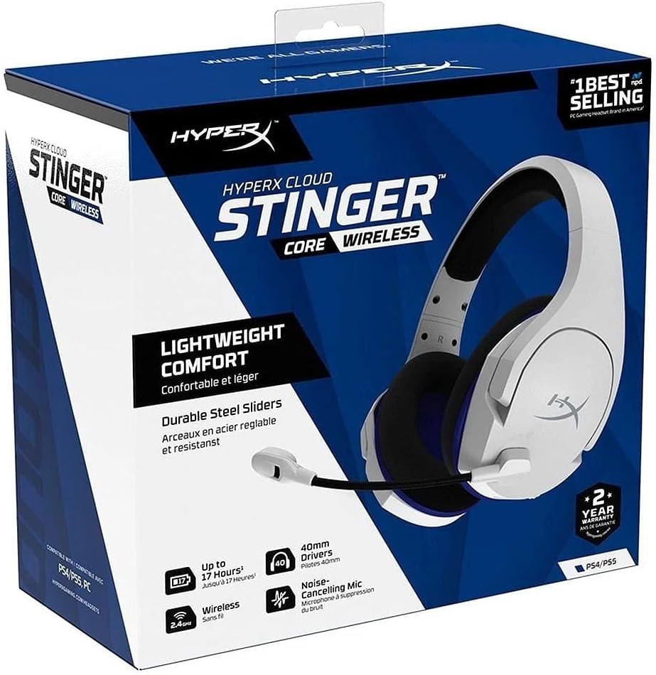 HyperX HHSS1C-KB-WT/G Cloud Stinger Core – Wireless Gaming Headset, for PS4, PS5, PC, Lightweight, Durable Steel Sliders, Noise-Cancelling Microphone - White