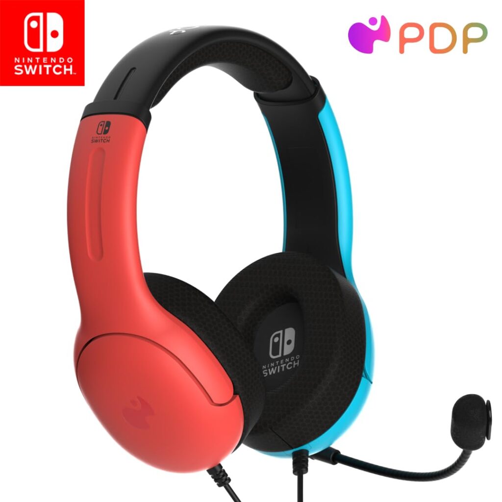 PDP Gaming LVL40 Airlite Stereo Headset for Nintendo Switch/Lite/OLED - Wired Power Noise Cancelling Microphone, Lightweight Soft Comfort On Ear Headphones (Mario Neon - Red Blue)