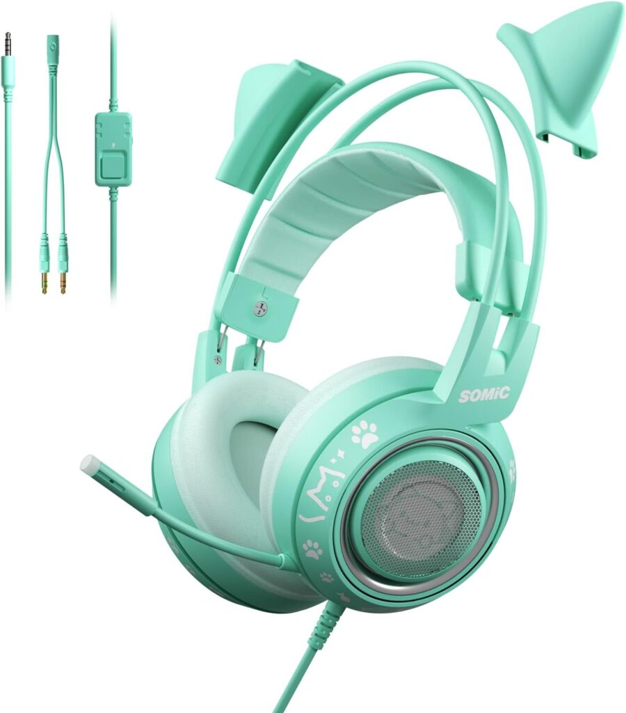 SOMIC G951S Green Gaming Headset with Microphone for PS4, PS5, Xbox One, PC, Cat Ear Headphones Over Ear with in-Line Mic Control, Stereo Sound for Girls, Woman