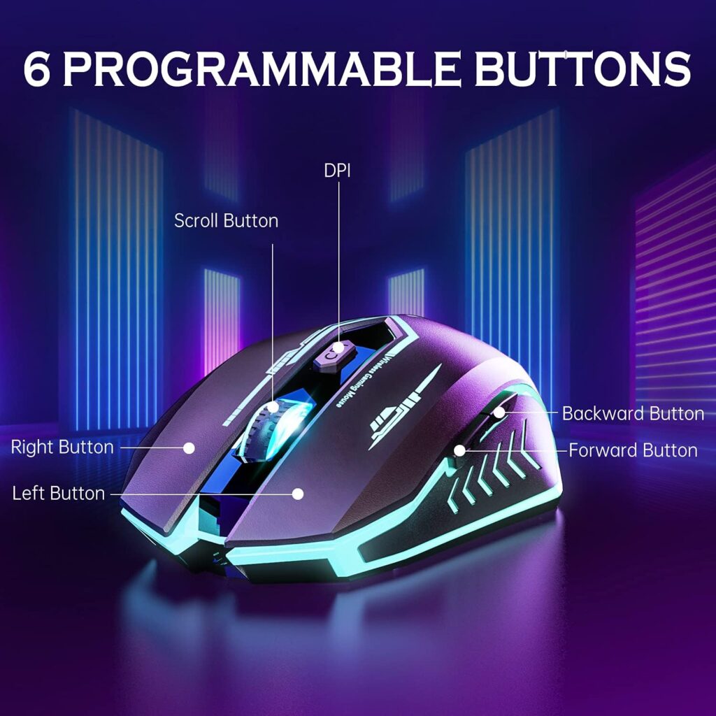 UHURU Wireless Gaming Mouse Up to 10000 DPI, Rechargeable USB Wireless Mouse with 6 Buttons 7 Dynamic LED Color Ergonomic Programmable MMO RPG for PC Laptop, Compatible with Windows Mac