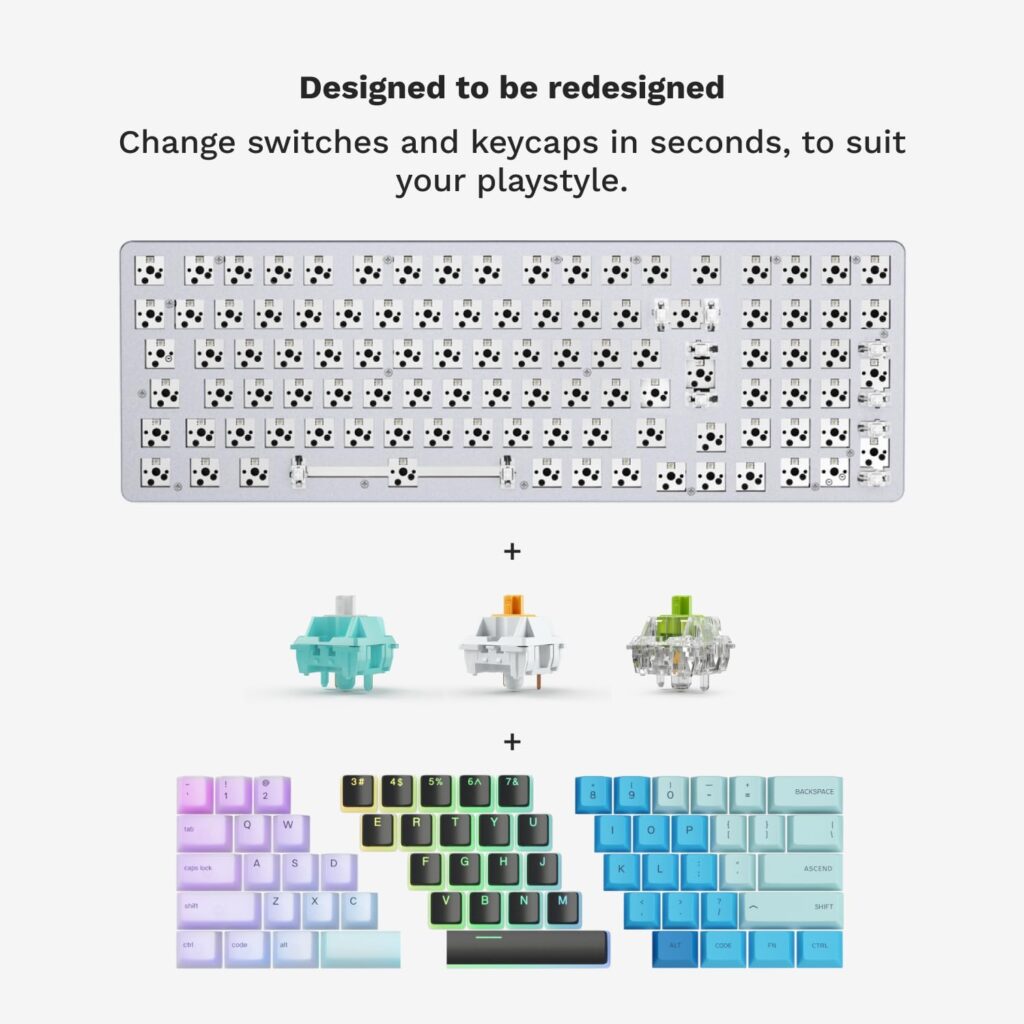 Glorious Custom Gaming Keyboard - GMMK 85% Percent TKL - USB C Wired Mechanical Keyboard - RGB Hot Swappable Switches Keycaps - Silver/White Metal Top Plate