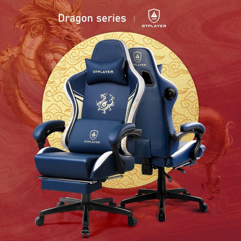 GTPLAYER Gaming Chair with Bluetooth Speakers and Footrest, Dragon Series Video Game Chair ，Heavy Duty, Ergonomic, Esports Computer Office Chair Blue (Royal Blue)