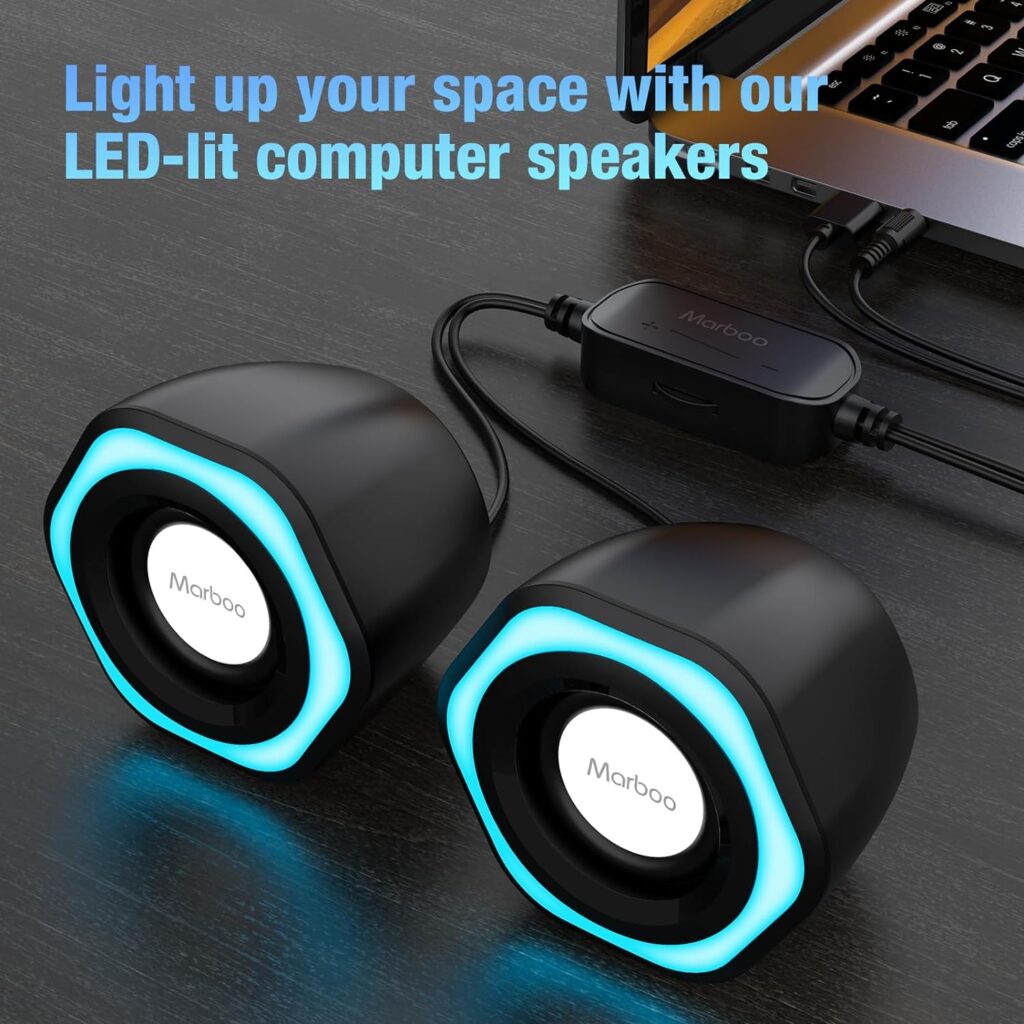 Computer PC Speakers USB Powered 3.5mm AUX Jack Volume Control Ice-Blue LED Light HiFi Stereo Sound Quality Mini Gaming Desktop Monitors Laptops Speakers for Windows PC Ipad Smartphone Tablet MP3