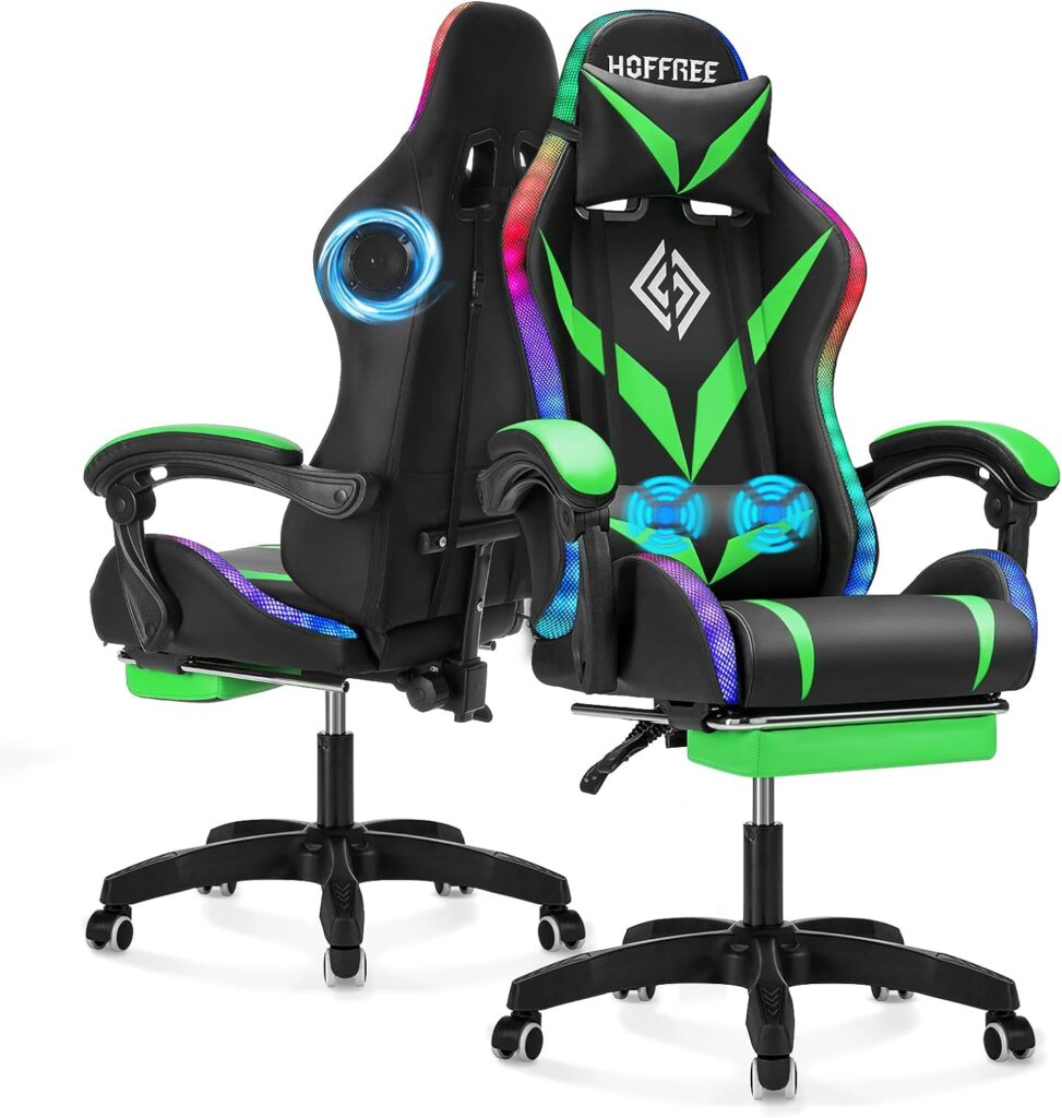 Gaming Chair with Bluetooth Speakers and RGB LED Lights Ergonomic Massage Computer Gaming Chair with Footrest Video Game Chair High Back with Lumbar Support Light Green and Black