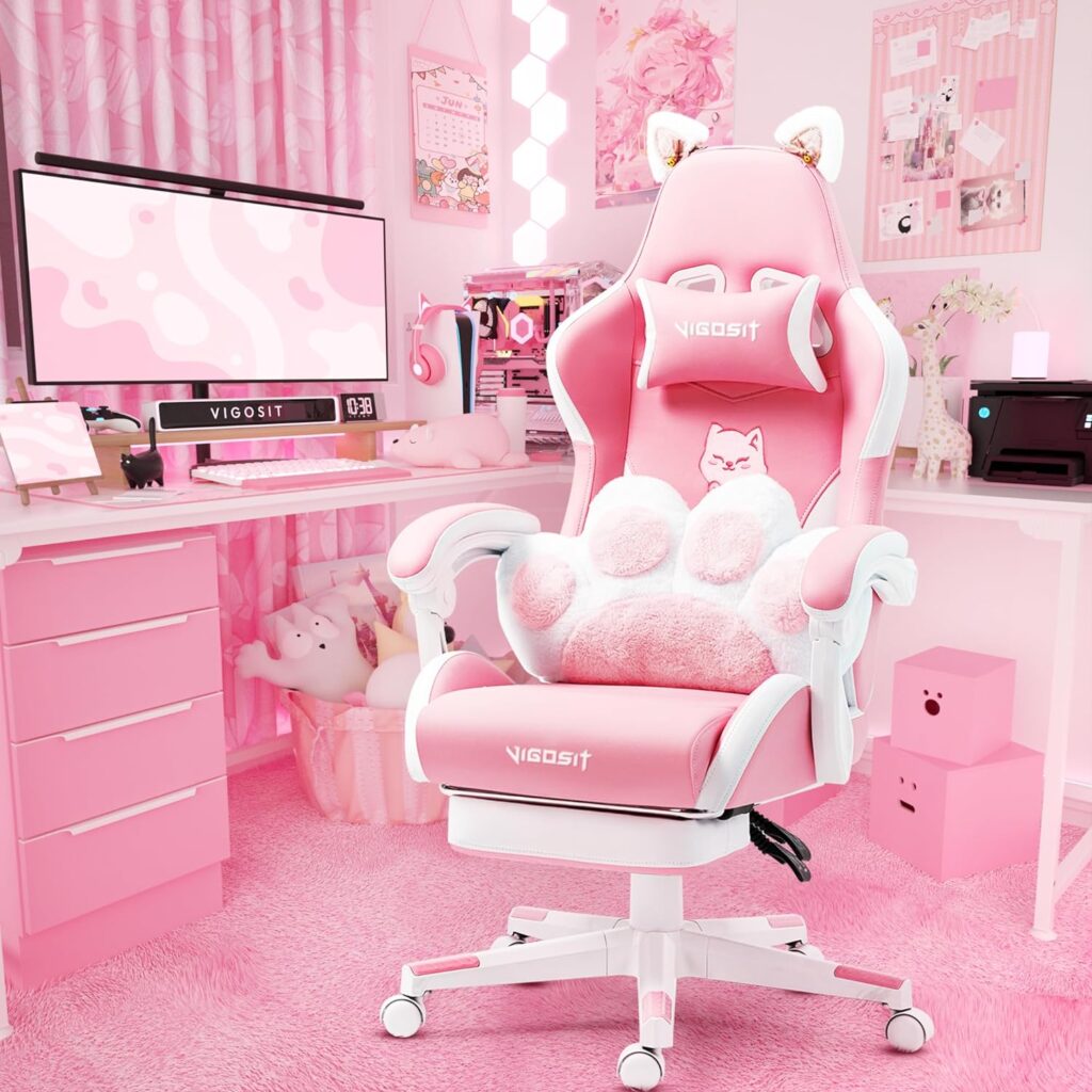 Pink Gaming Chair with Cat Paw Lumbar Cushion and Cat Ears, Ergonomic Computer Chair with Footrest, Reclining PC Game Chair for Girl, Teen, Kids