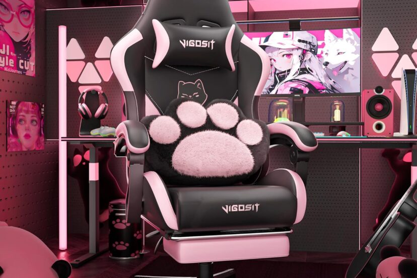 pink gaming chair with cat paw lumbar cushion review